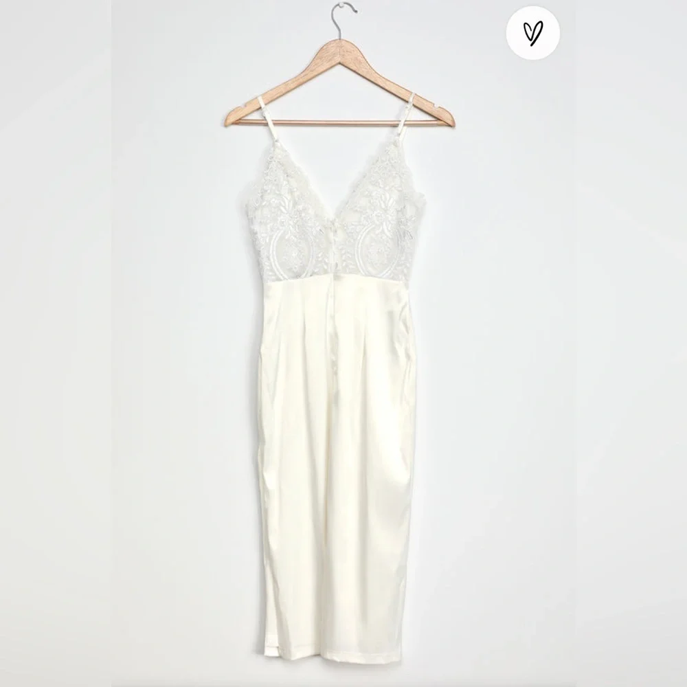 Stunning Sight White Embroidered Lace Satin Midi Dress - Picture 6 of 7